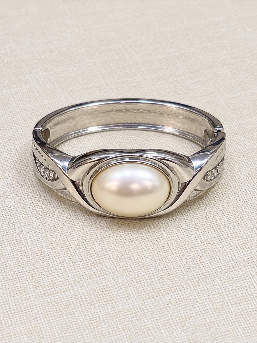Silver Tone Adjustable Hinged Bangle Bracelet Large Faux Pearl Statement Jewelry